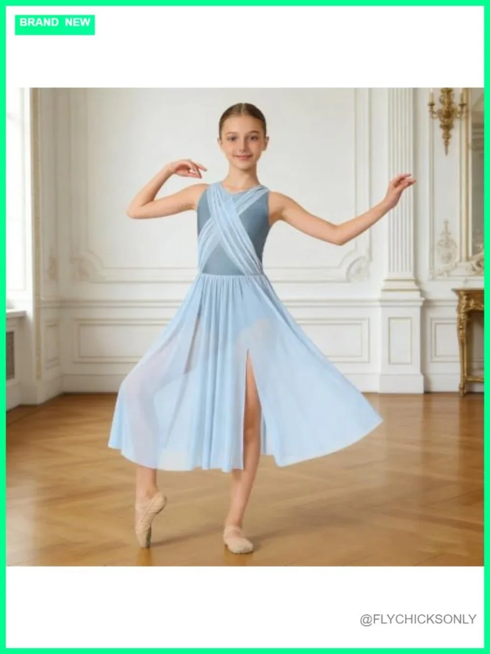 Girls Lyrical Dance Costume Sleeveless Leotard Flowy Tulle Dress